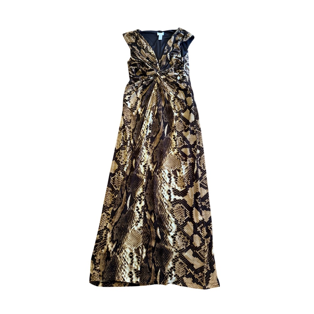 Chicos Maxi Dress Womens Size S Brown Animal Print V-Neck Cap Sleeve Lined